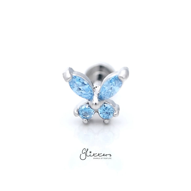 Prong Set CZ Butterfly Tragus Cartilage Barbell Stud - Aqua-Body Piercing Jewellery, Cartilage, Cubic Zirconia, Jewellery, Tragus, Women's Earrings, Women's Jewellery-tg0130-b-1_800-Glitters