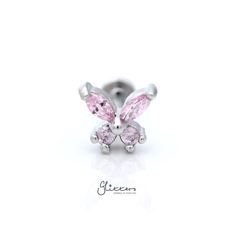 Prong Set CZ Butterfly Tragus Cartilage Barbell Stud - Pink-Body Piercing Jewellery, Cartilage, Cubic Zirconia, Jewellery, Tragus, Women's Earrings, Women's Jewellery-tg0130-p-1_800-Glitters