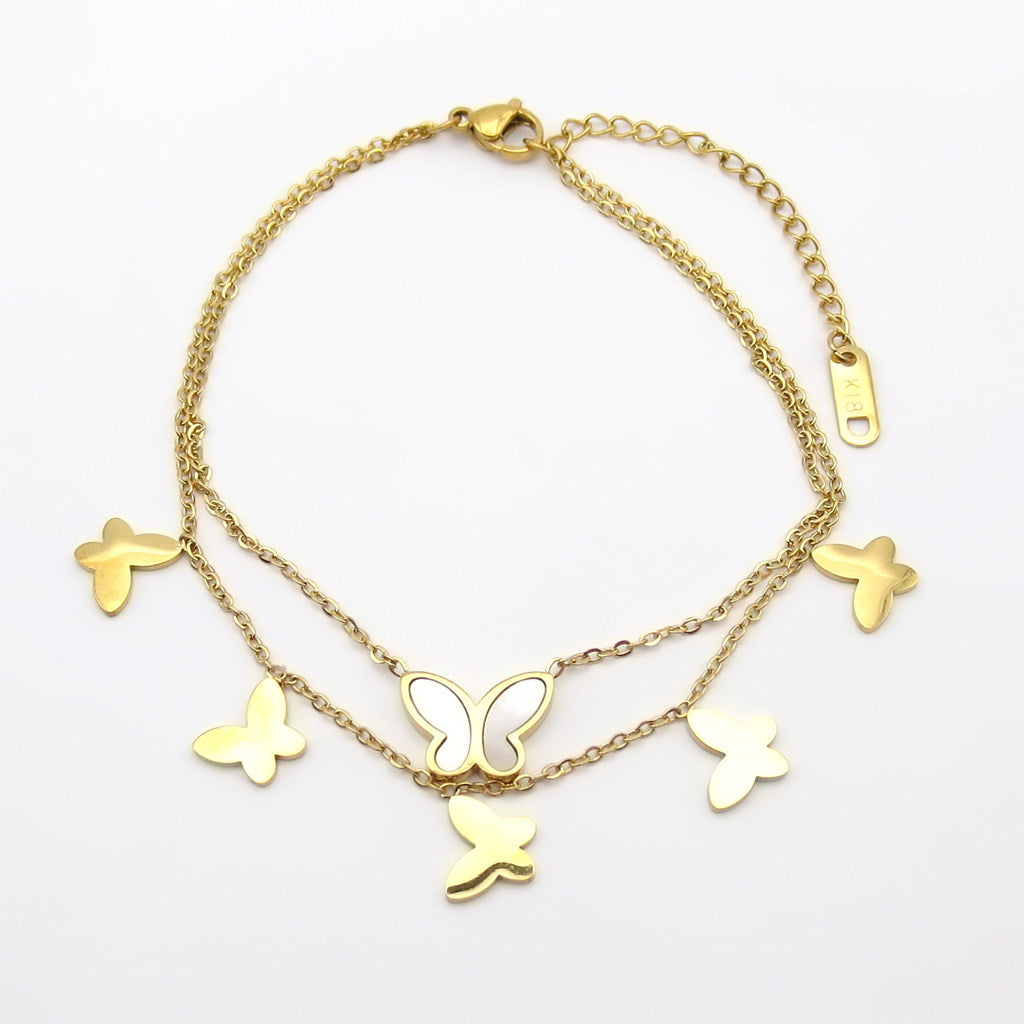 Stainless Steel Double Layer Butterfly Anklet - Gold-Anklet-4-Glitters