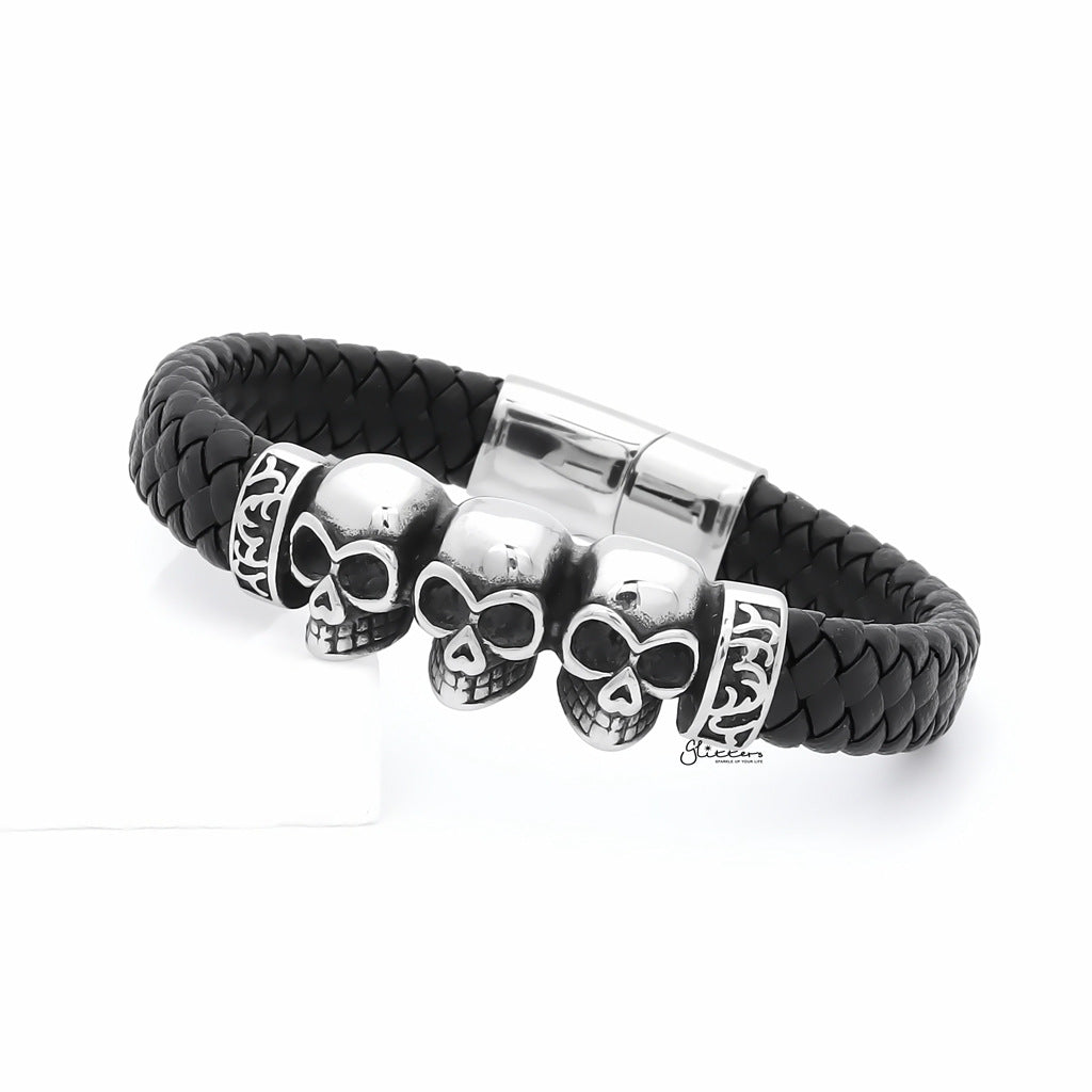 Skull Heads Braided Leather Bracelet-Leather Bracelets-3-Glitters