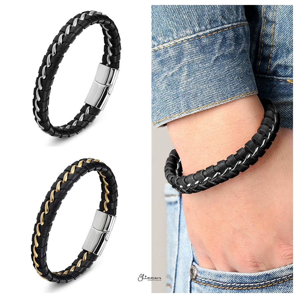 Two-Tone Black Braided Leather Bracelet - Gold-Leather Bracelets-2-Glitters