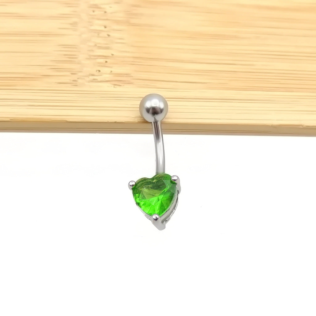 316L Surgical Steel Prong Set Solitaire Heart Cubic Zirconia Belly Ring-Green