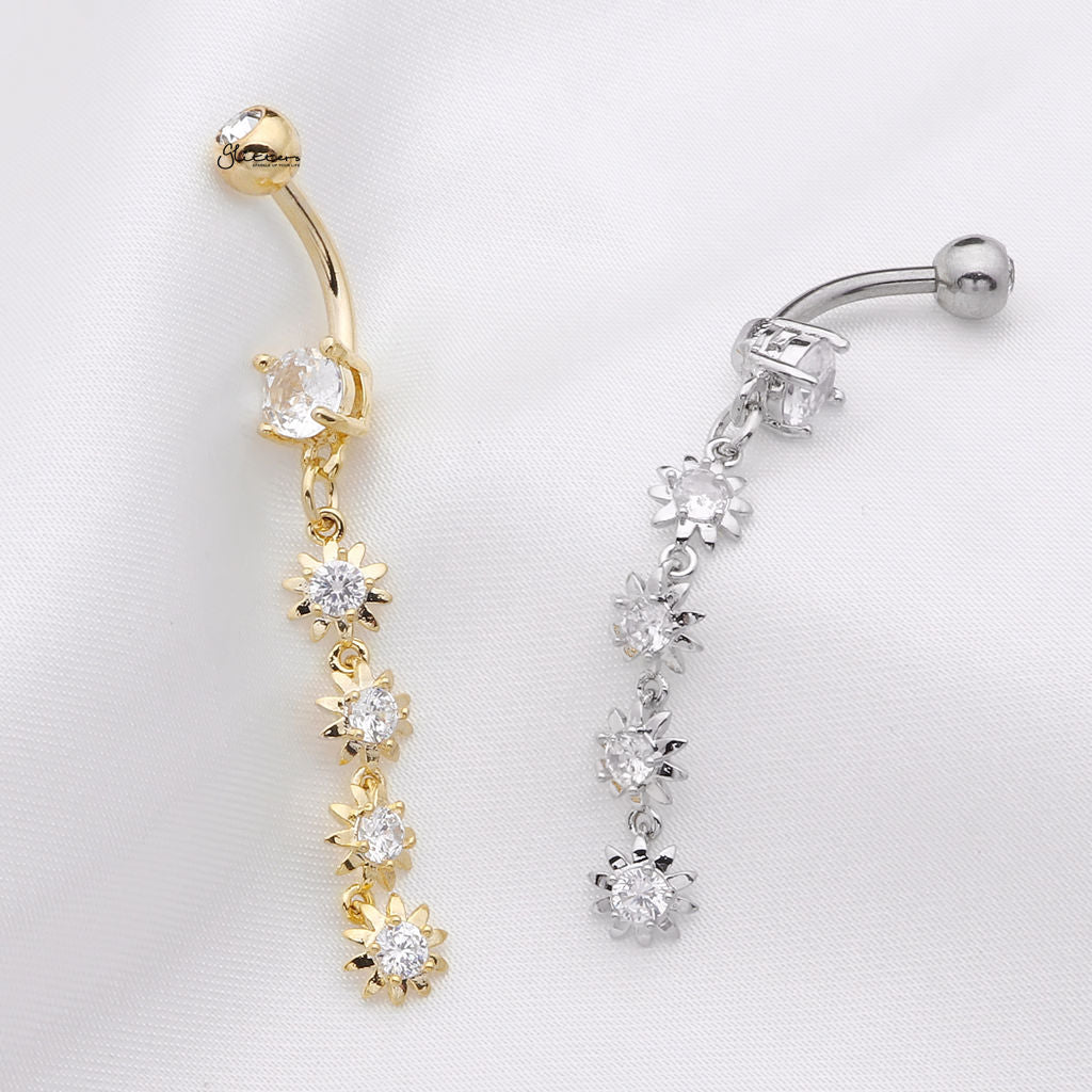 4 CZ Flower Vertical Dangle Belly Button Ring - Gold-Belly Rings-2-Glitters