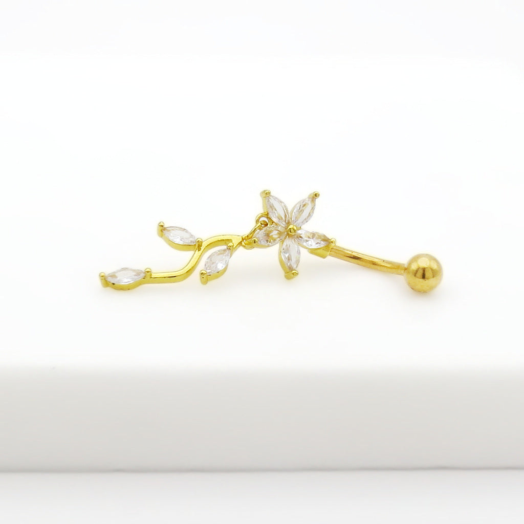 Marquise CZ Flower & Leaf Dangle Belly Button Navel Ring-Belly Rings-4-Glitters