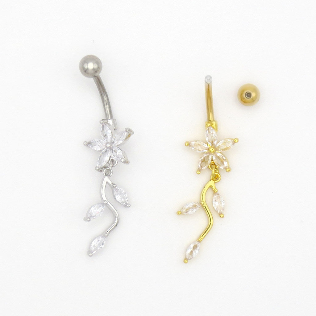 Marquise CZ Flower & Leaf Dangle Belly Button Navel Ring-Belly Rings-6-Glitters