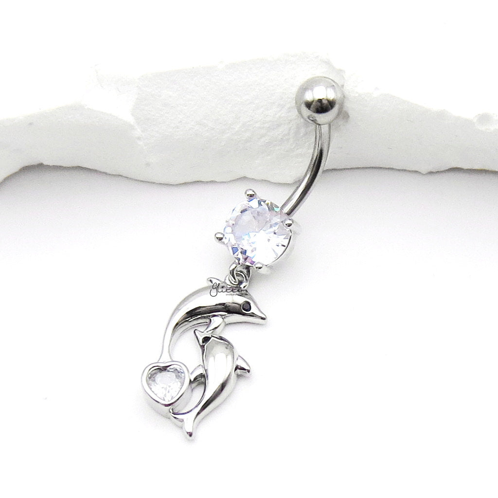Double Dolphin CZ Dangle Belly Button Navel Ring