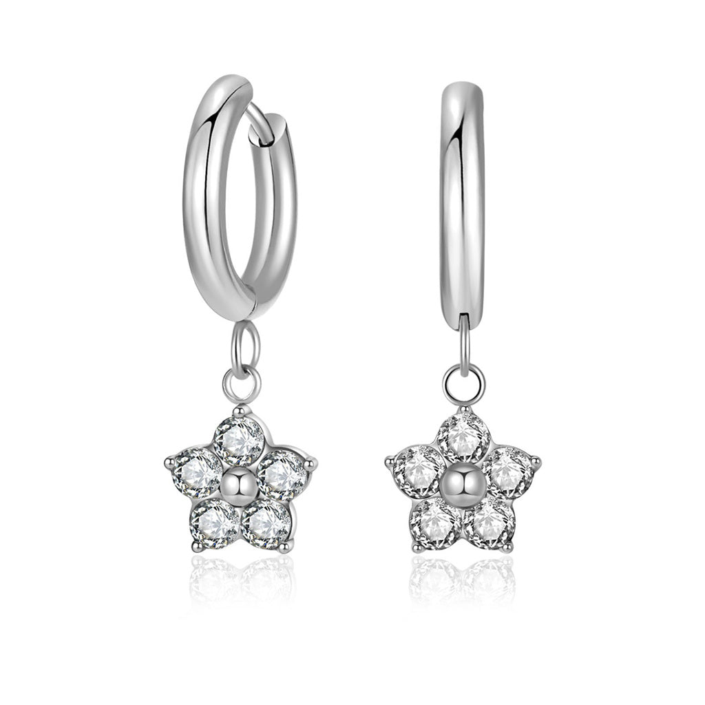 Stainless Steel CZ Flower Dangle Hoop Earrings-Earrings-1-Glitters