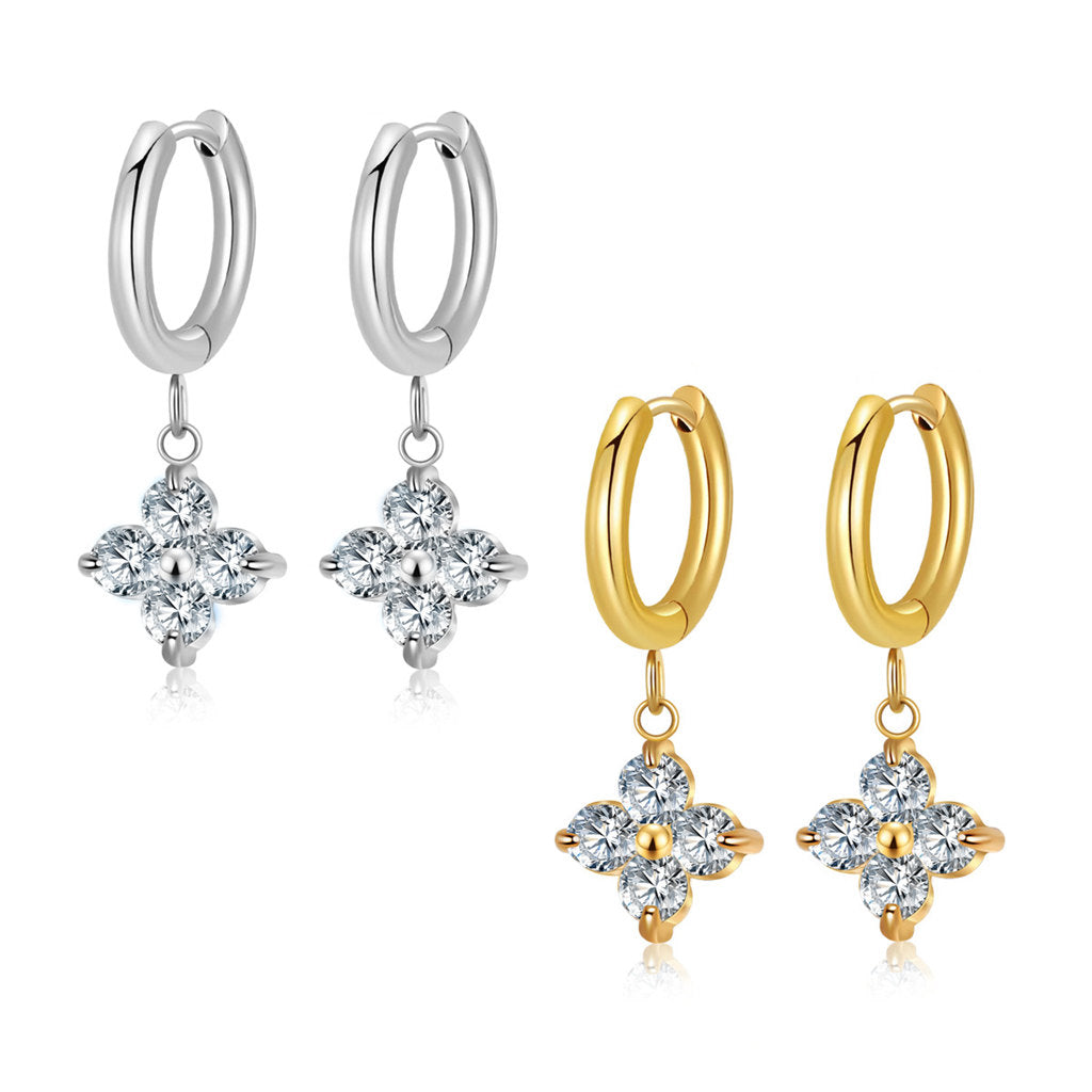 Stainless Steel CZ Clover Flower Dangle Hoop Earrings