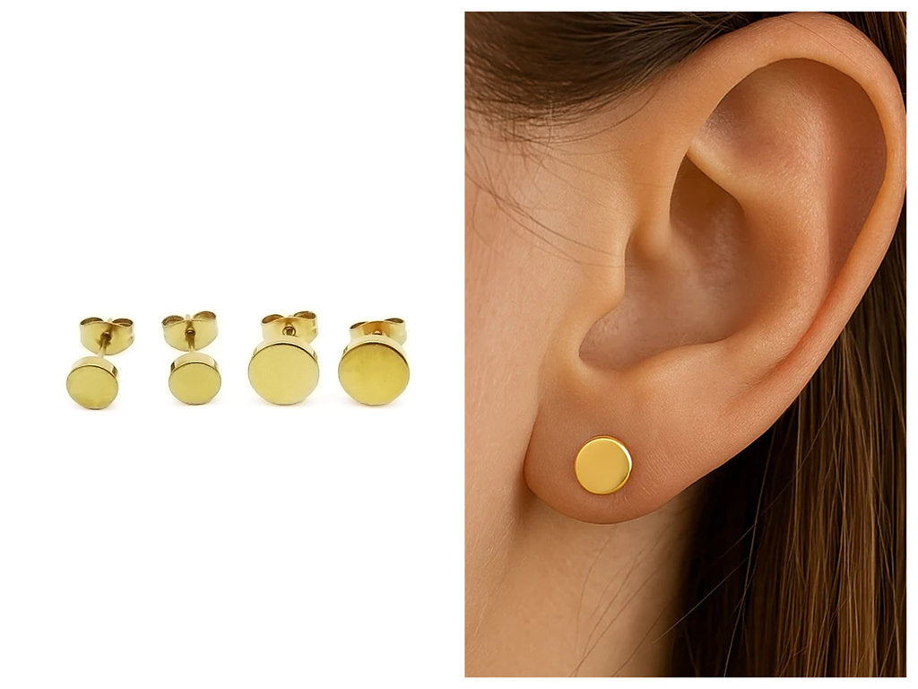 Stainless Steel Round Stud Earrings - Gold
