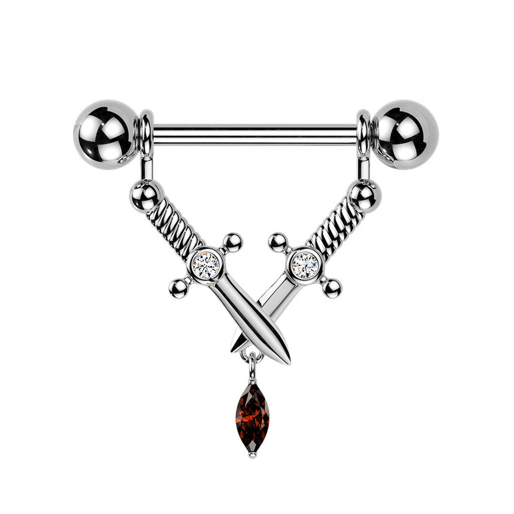Crossed Daggers & Marquise CZ Dangle Nipple Barbell - Silver-Nipple Barbells-1-Glitters