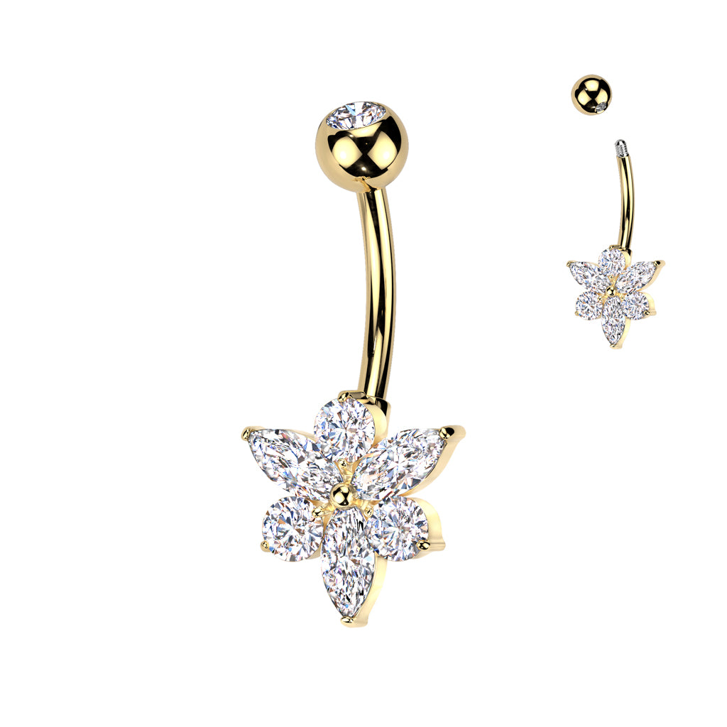 Marquise CZ Flower Titanium Belly Button Ring - Gold-Belly Rings-1-Glitters