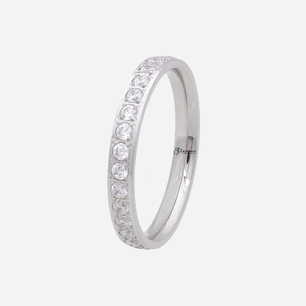 CZ Fully Inlay Stainless Steel Band Ring - Silver-Stainless Steel Rings-2-Glitters