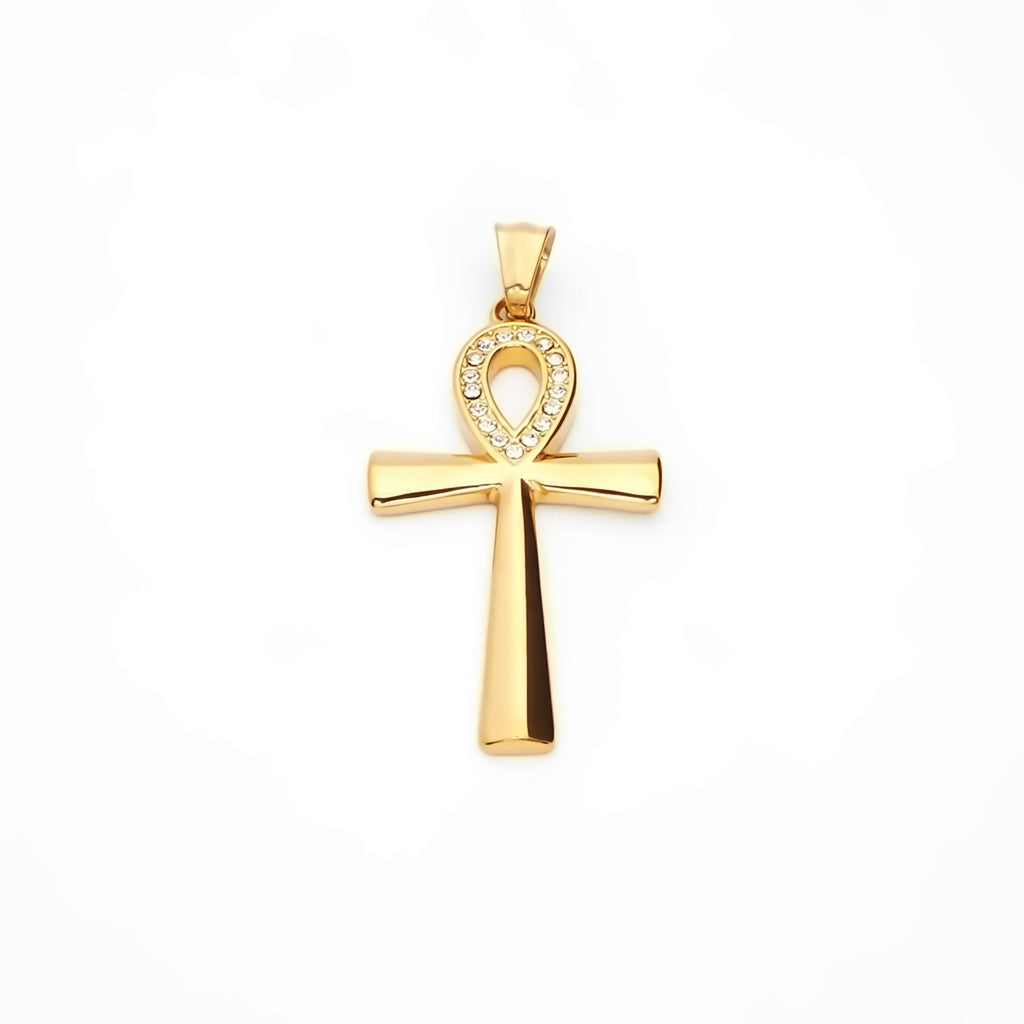 Stainless Steel CZ Ankh Cross Pendant - Gold-Pendants-1-Glitters