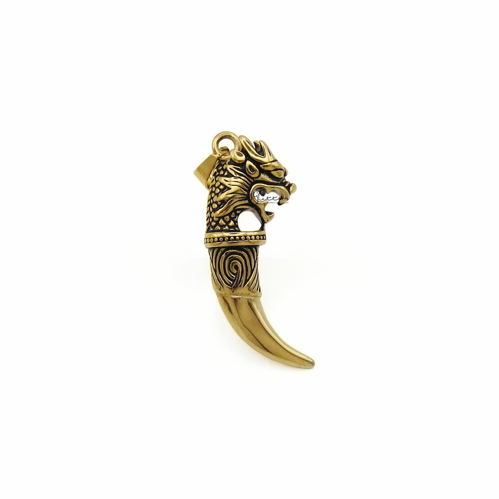 Stainless Steel Dragon Head with Wolf Tooth Pendant - Gold-Pendants-2-Glitters