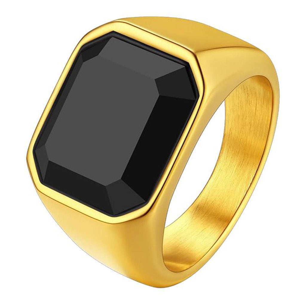 Stainless Steel Black Glass Signet Ring - Gold