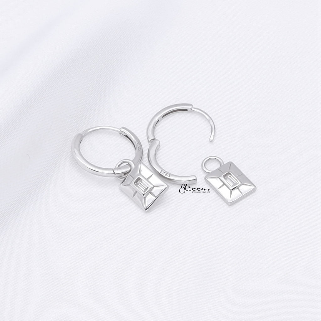 Rectangle Charm Huggie Hoop Earrings - Silver-Hoop Earrings-4-Glitters