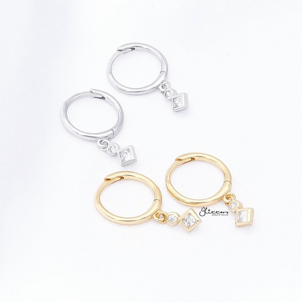 Rhombus and Round CZ Charm Hoop Earrings - Silver-Hoop Earrings-4-Glitters