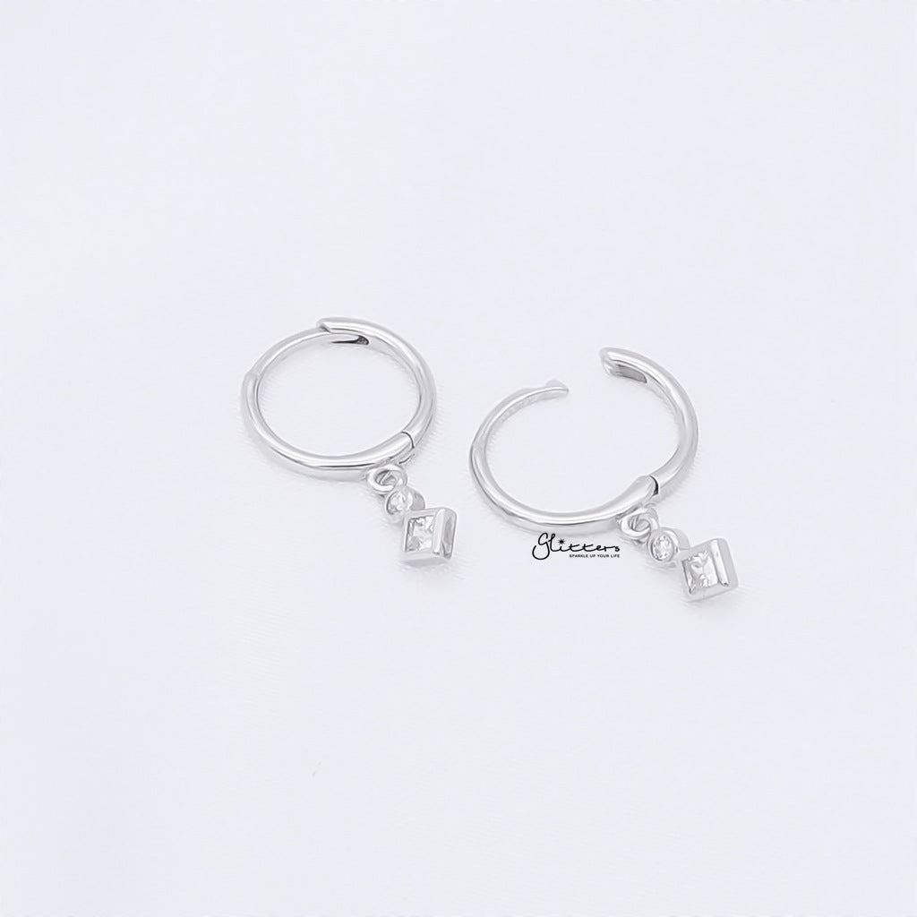 Rhombus and Round CZ Charm Hoop Earrings - Silver-Hoop Earrings-3-Glitters