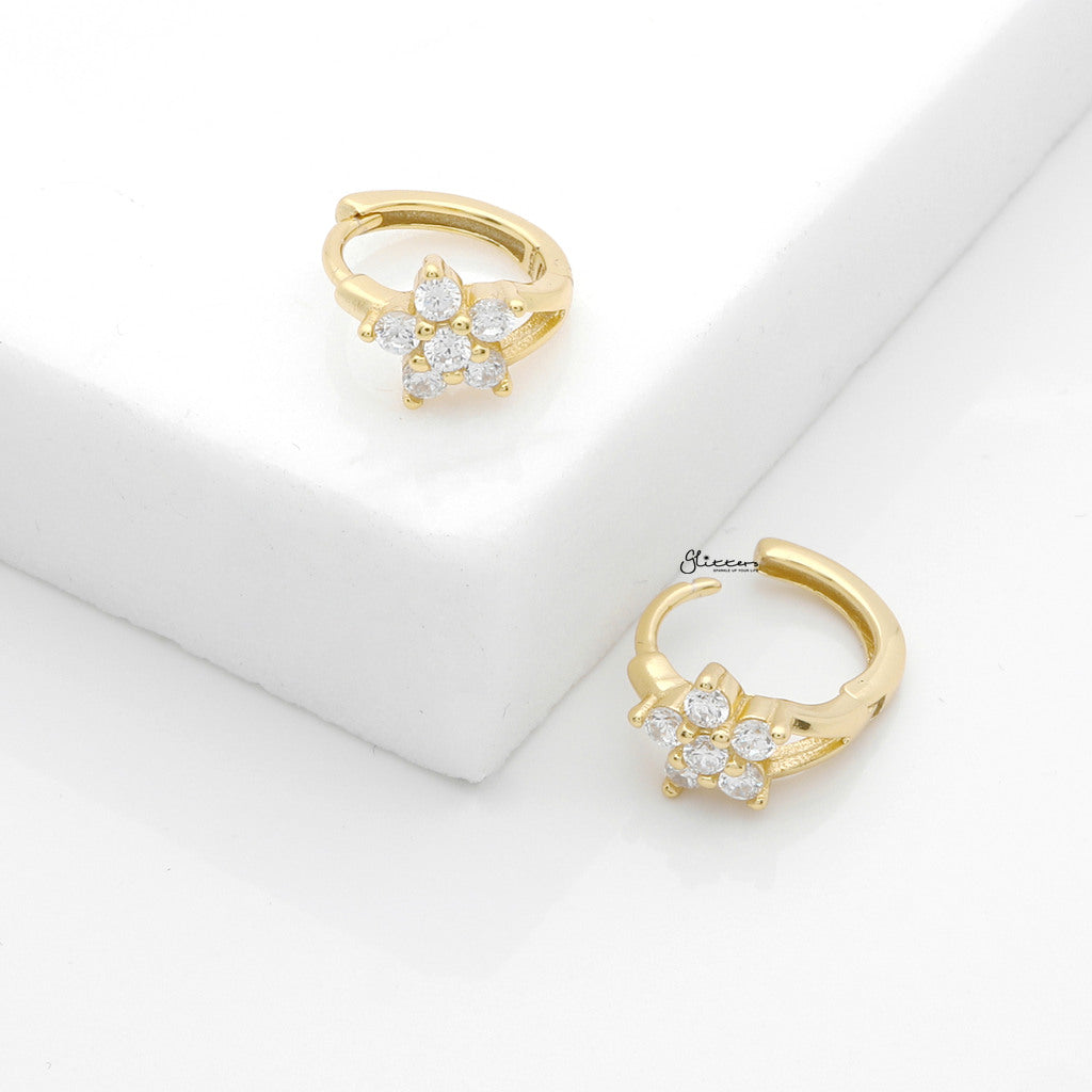 CZ Flower Huggie Hoop Earrings - Gold-Hoop Earrings-3-Glitters