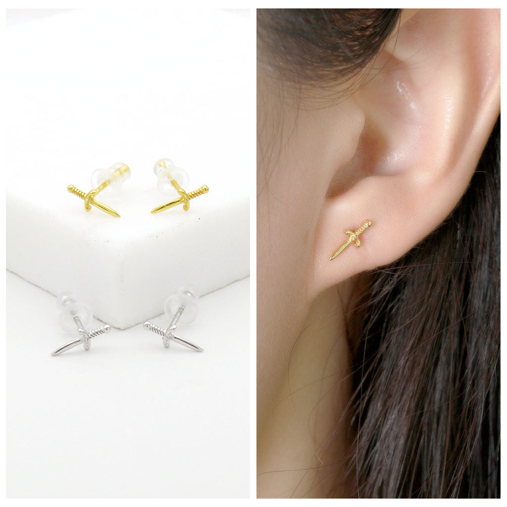 Sterling Silver Dagger Stud Earrings - Gold