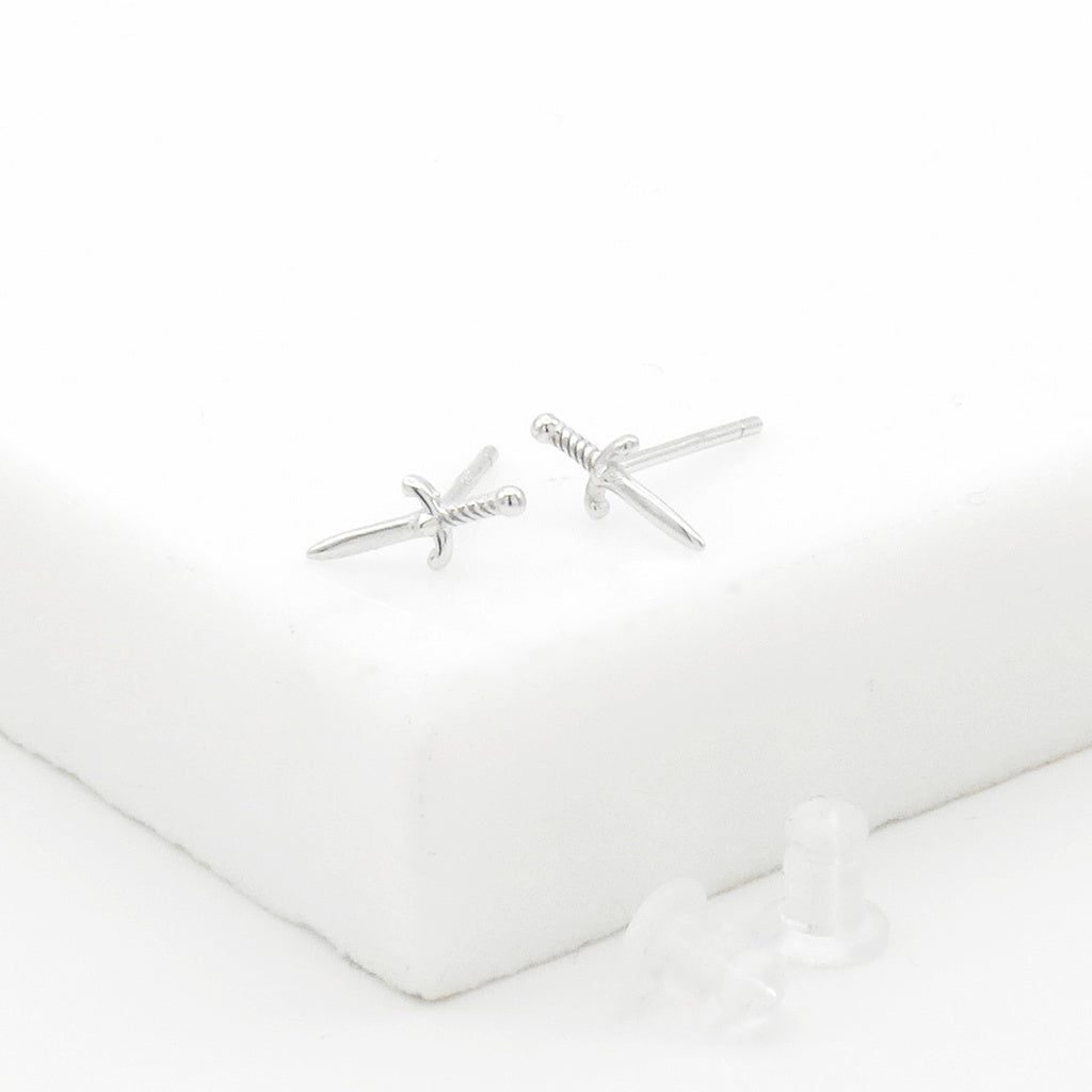 Sterling Silver Dagger Stud Earrings - Silver