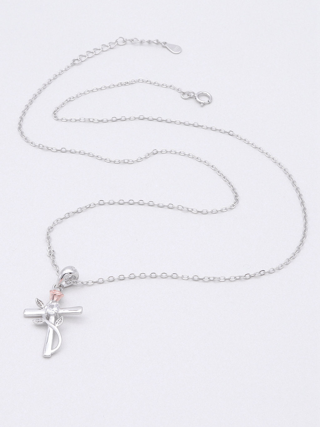 Sterling Silver Rose on Cross Necklace-Sterling Silver Necklaces-3-Glitters