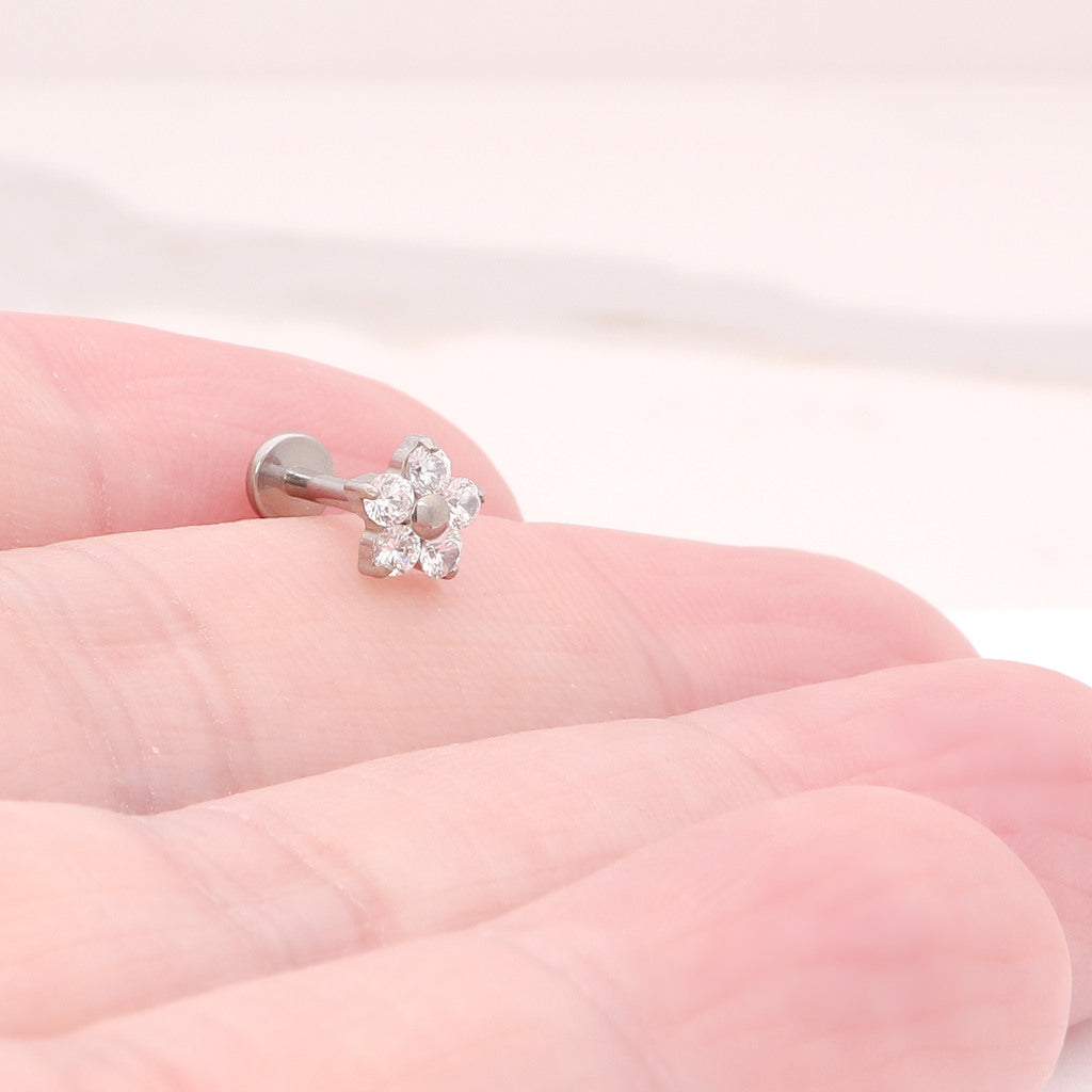 CZ Flower Top Internally Threaded Flat Back Stud-Tragus | Cartilage | Daith | Conch-5-Glitters