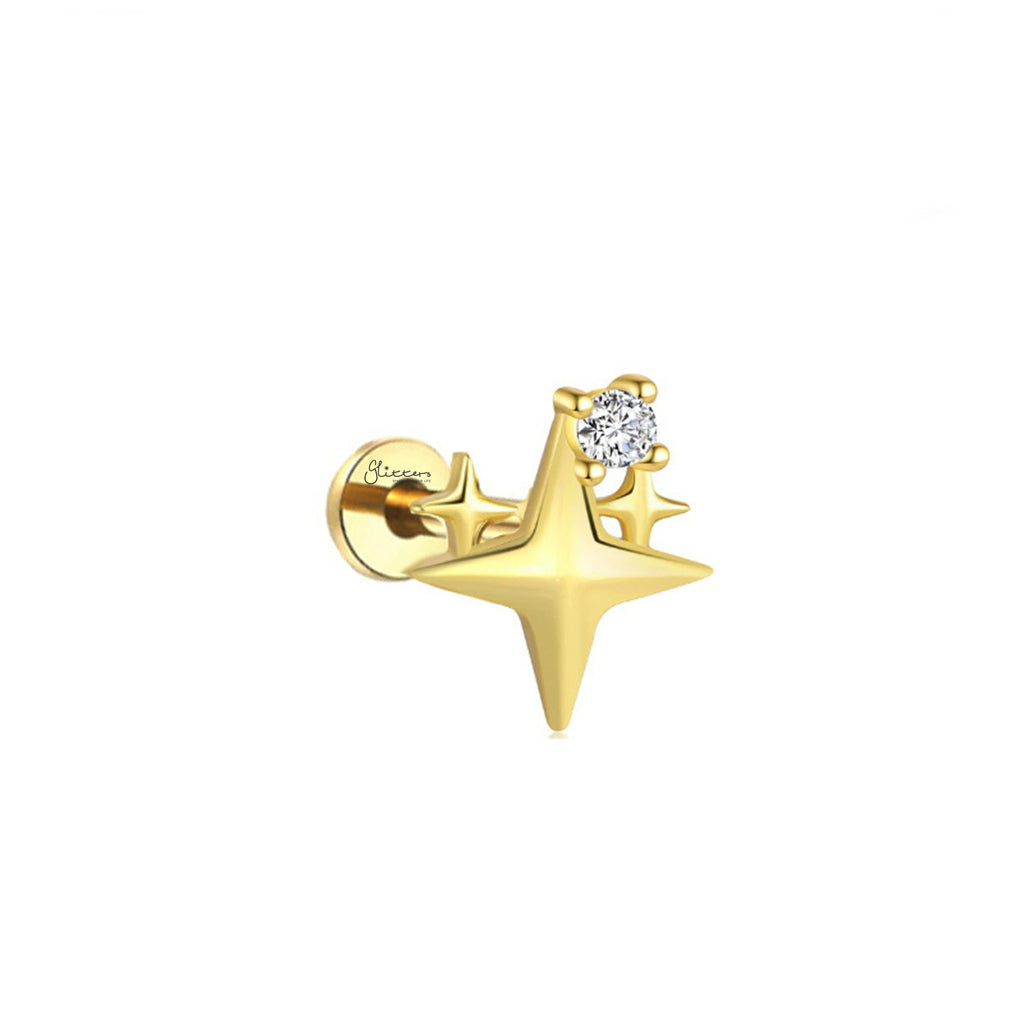 Triple Star with CZ Titanium Flat Back Stud Earrings