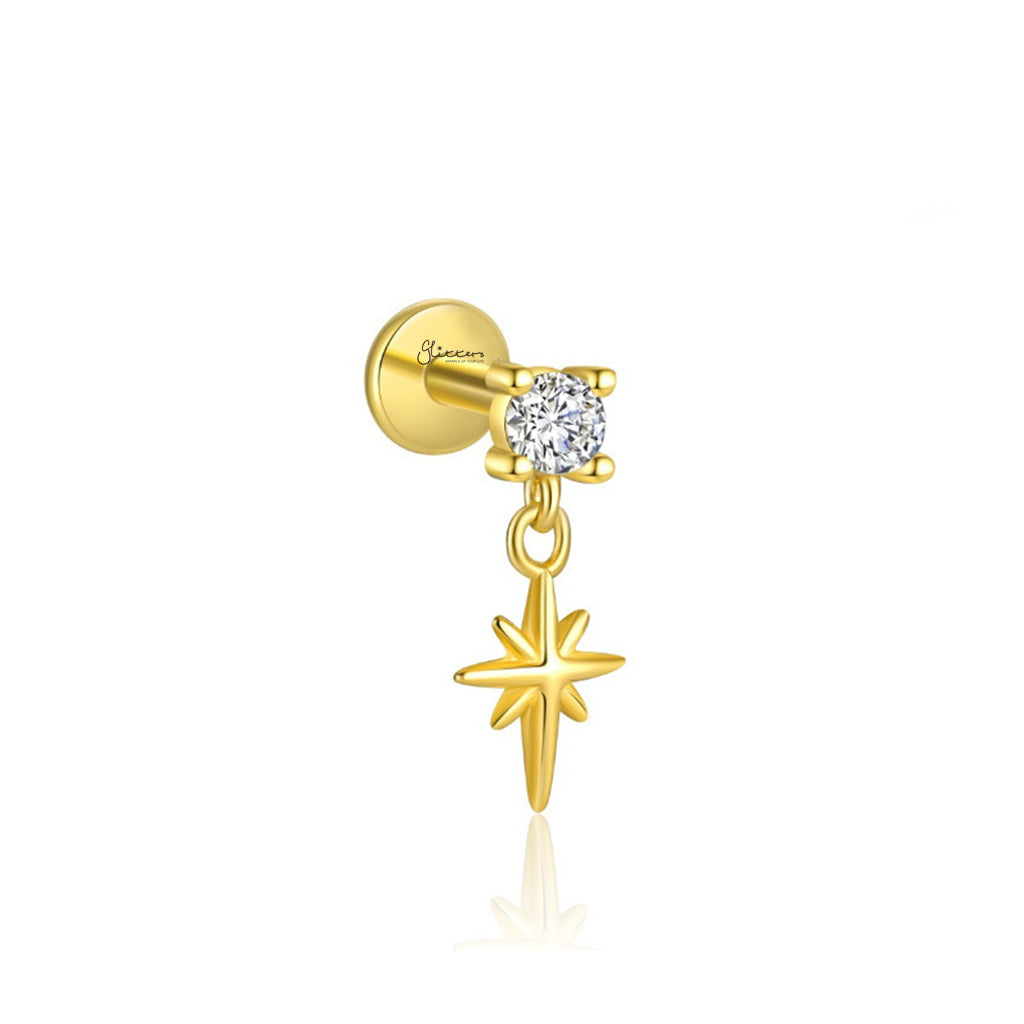 CZ with Dangle Star Titanium Flat Back Stud Earrings-Tragus | Cartilage | Daith | Conch-2-Glitters
