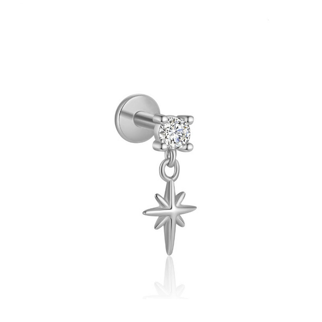 CZ with Dangle Star Titanium Flat Back Stud Earrings-Tragus | Cartilage | Daith | Conch-1-Glitters