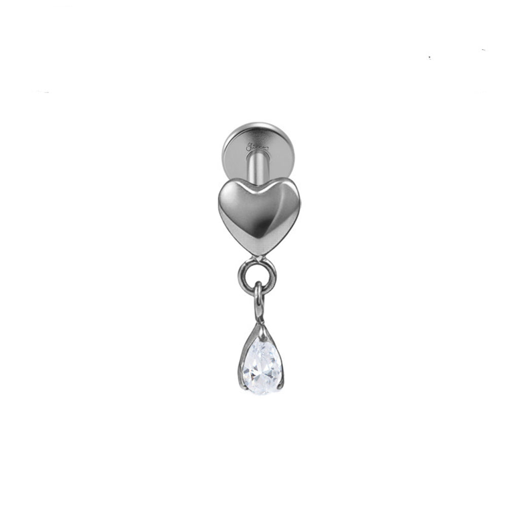 Titanium Heart with Dangle Teardrop CZ Flat Back Stud Earring