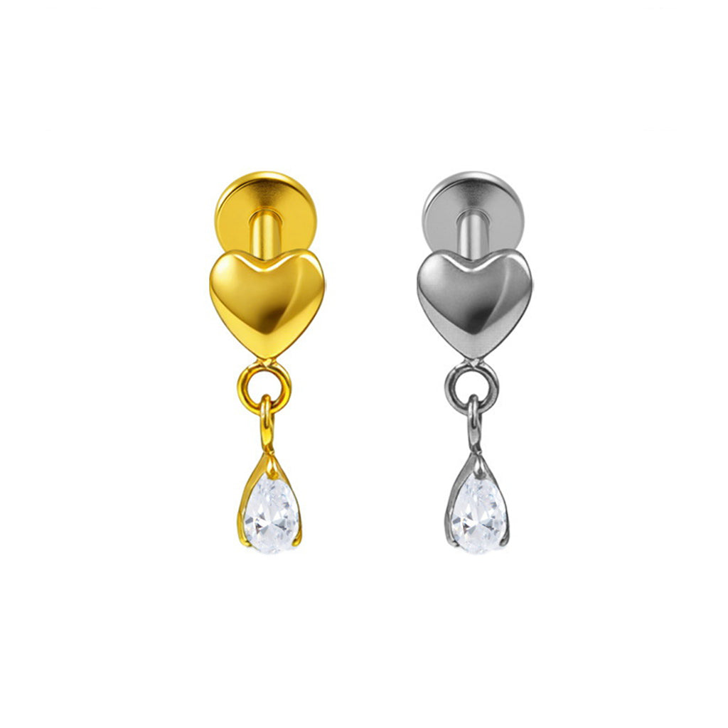 Titanium Heart with Dangle Teardrop CZ Flat Back Stud Earring