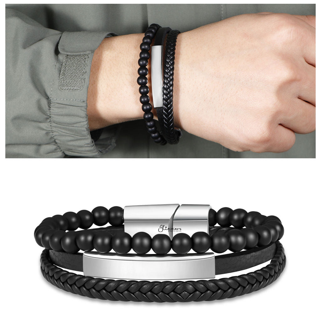 Black Beads Multilayer Leather Bracelet with Stainless Steel ID Plate-Leather Bracelets-3-Glitters