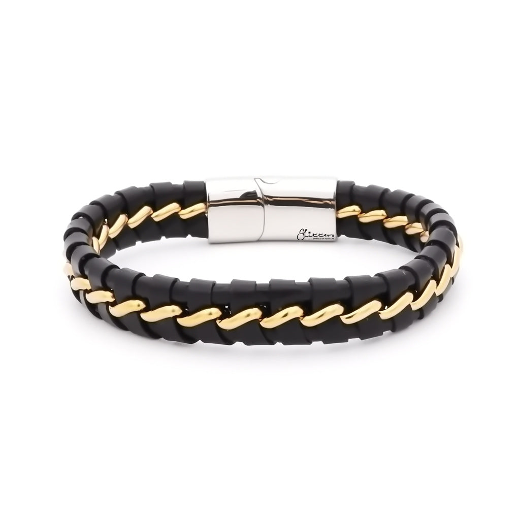 Two-Tone Black Braided Leather Bracelet - Gold-Leather Bracelets-1-Glitters