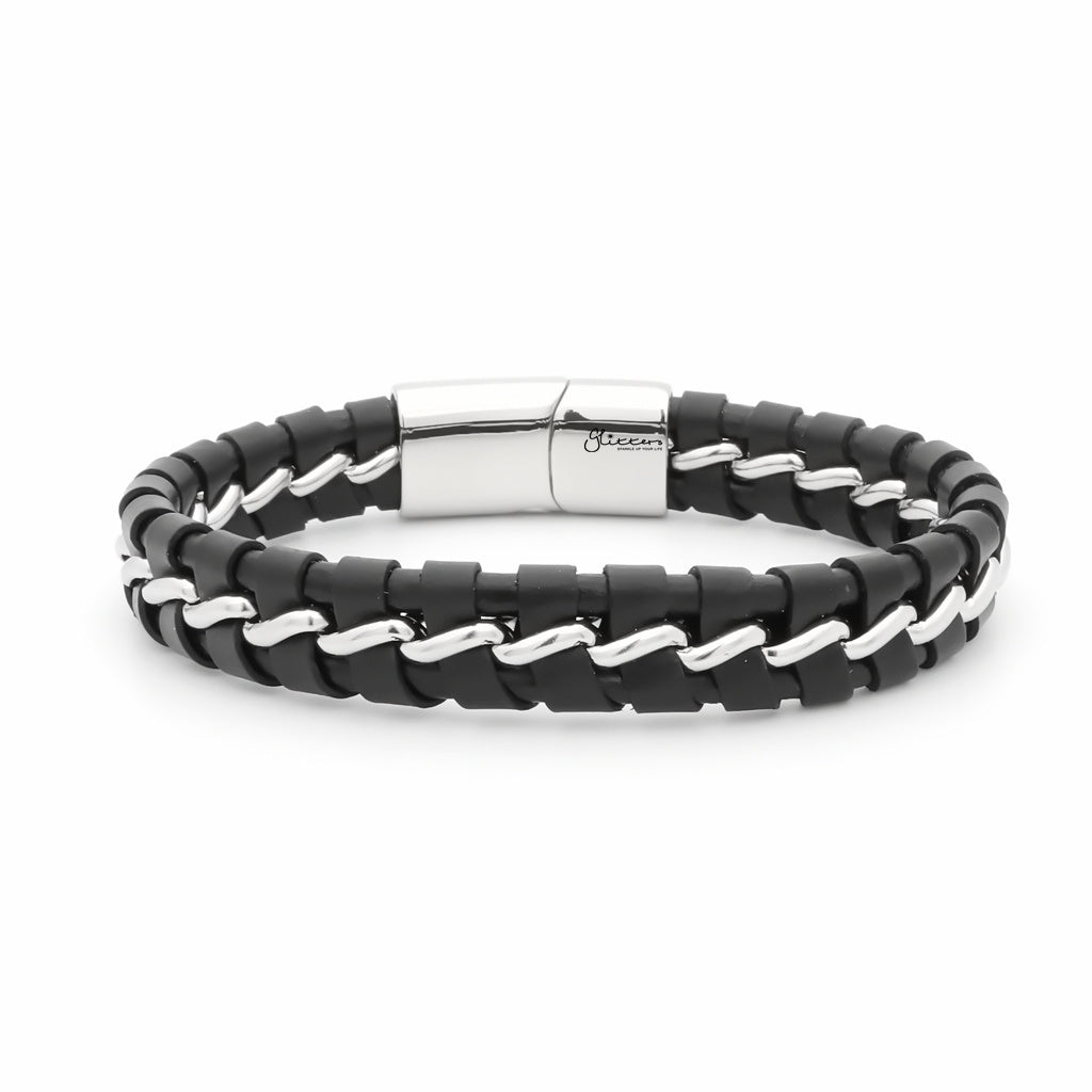 Two-Tone Black Braided Leather Bracelet - Silver-Leather Bracelets-1-Glitters