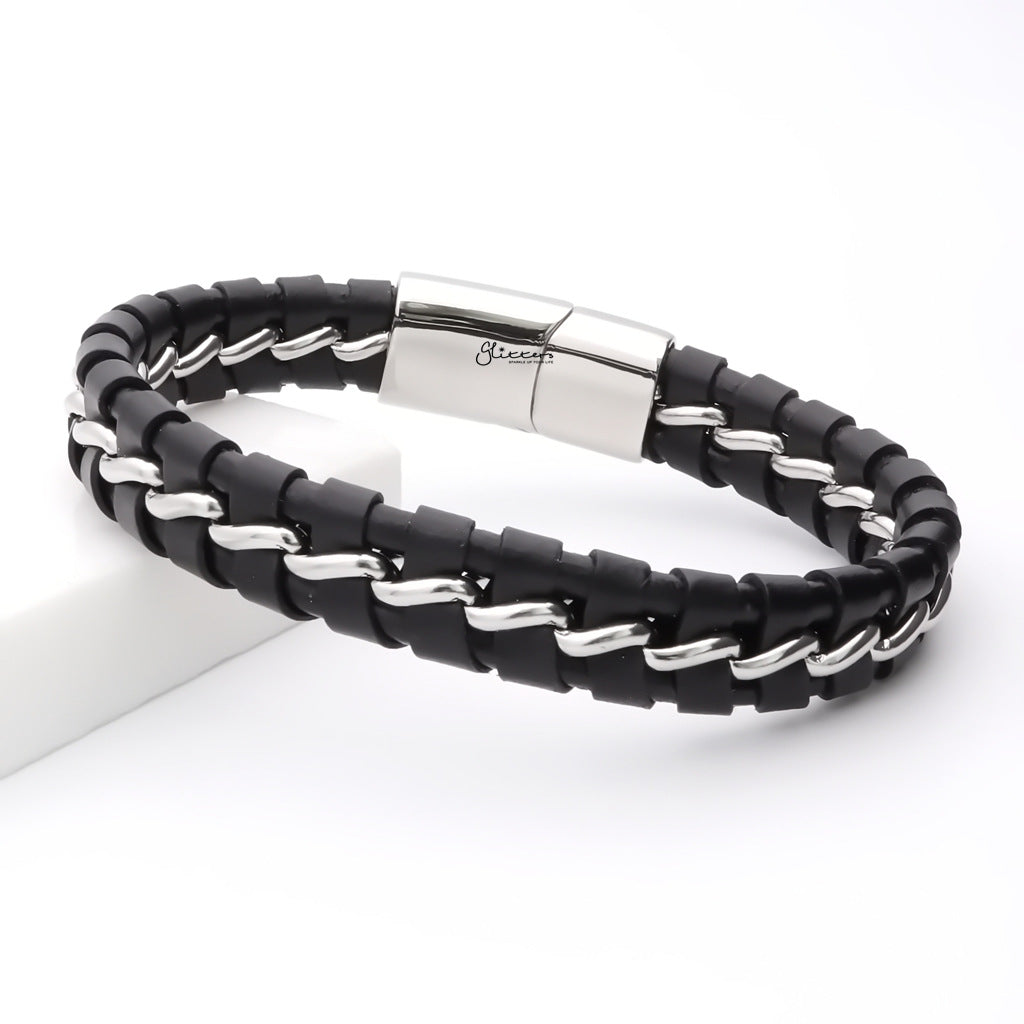 Two-Tone Black Braided Leather Bracelet - Silver-Leather Bracelets-3-Glitters