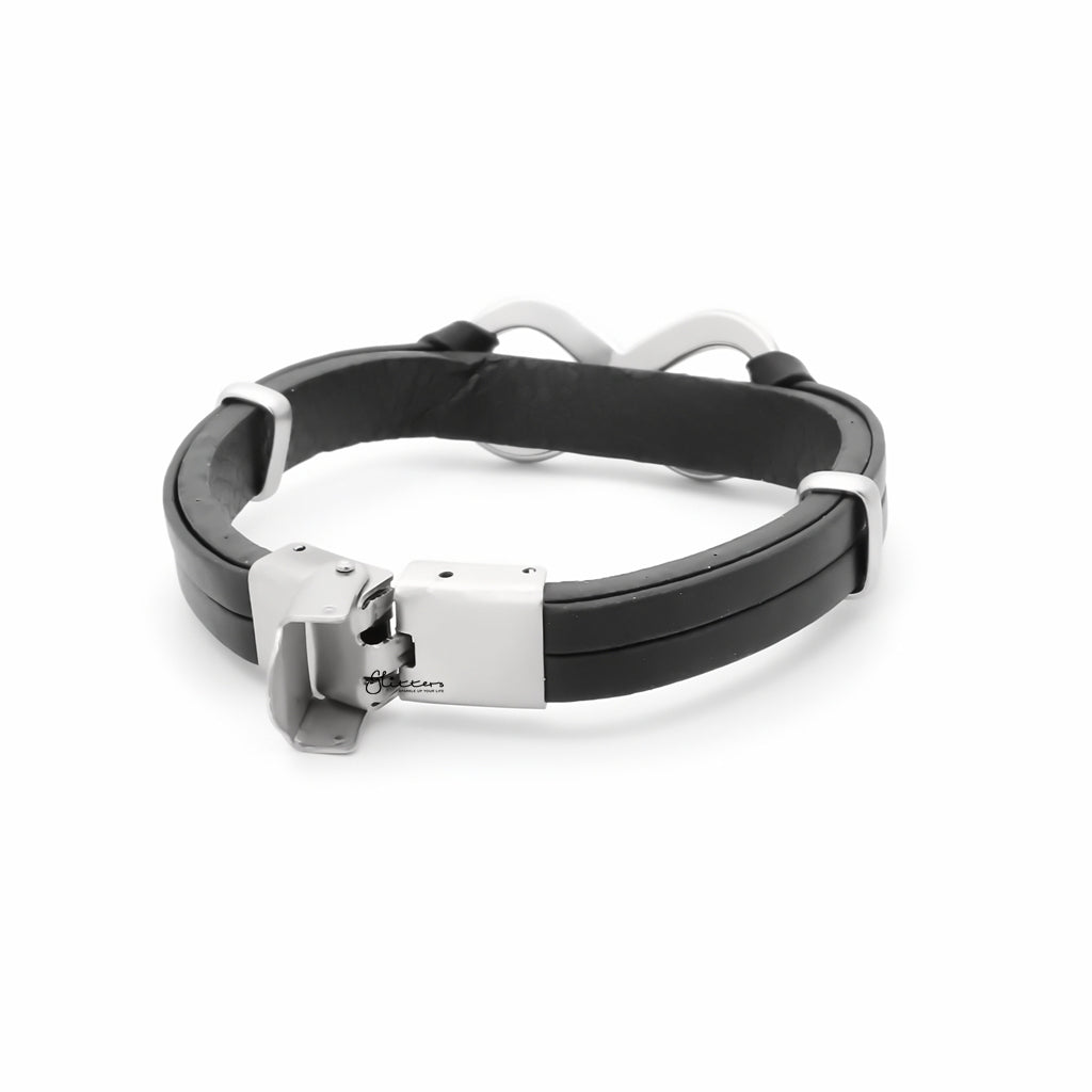 Infinity Symbol Black Leather Bracelet - Silver