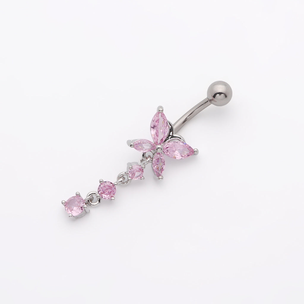 CZ Butterfly with 3 Dangle CZ Belly Button Navel Ring - Pink-Belly Rings-1-Glitters