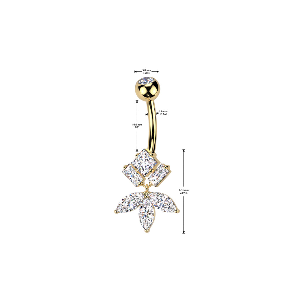 Diamond CZ And Marquise CZ Fan Dangle Titanium Belly Button Ring - Gold-Belly Rings-2-Glitters