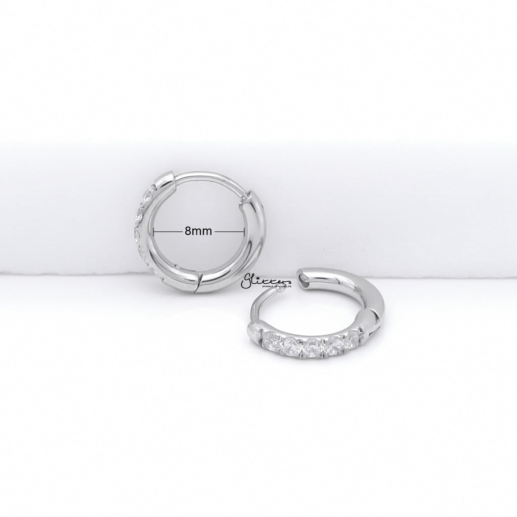 Stainless Steel Round CZ Huggie Hoop Earrings - Silver-Hoop Earrings-3-Glitters