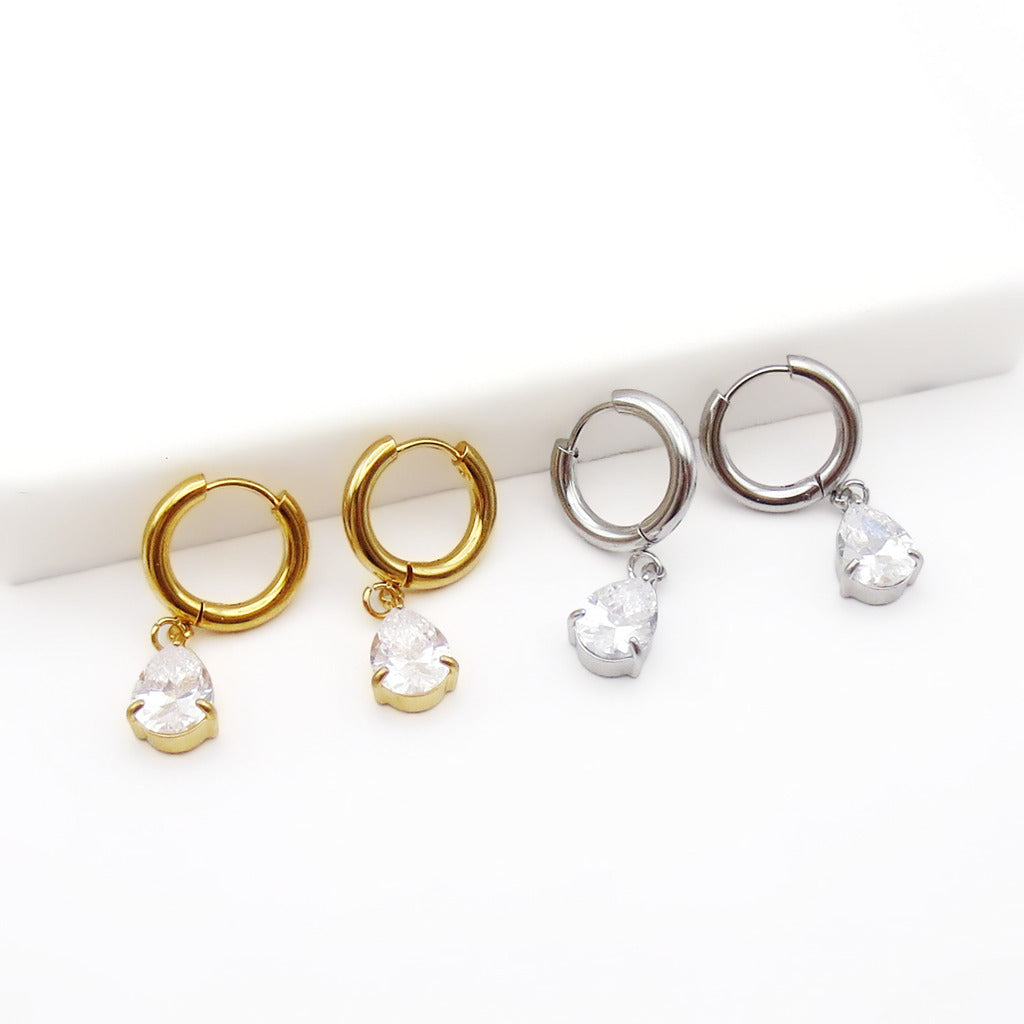 Stainless Steel Pear Cut CZ Dangle Hoop Earrings