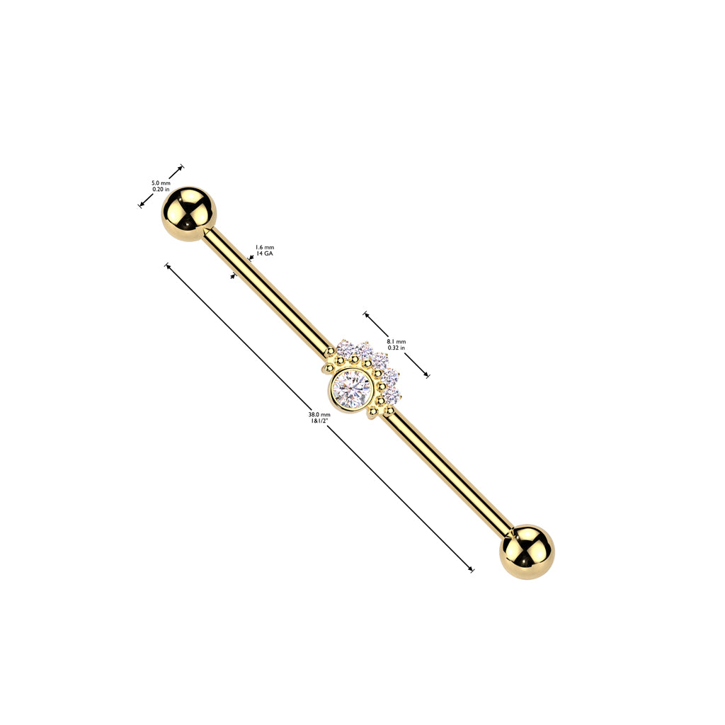 CZ Fan With Big Round CZ Center Industrial Barbell - Gold-Industrial Barbells-2-Glitters