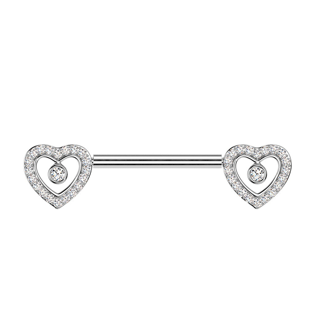 CZ Heart Threadless Push In Nipple Barbell - Silver-Nipple Barbells-1-Glitters