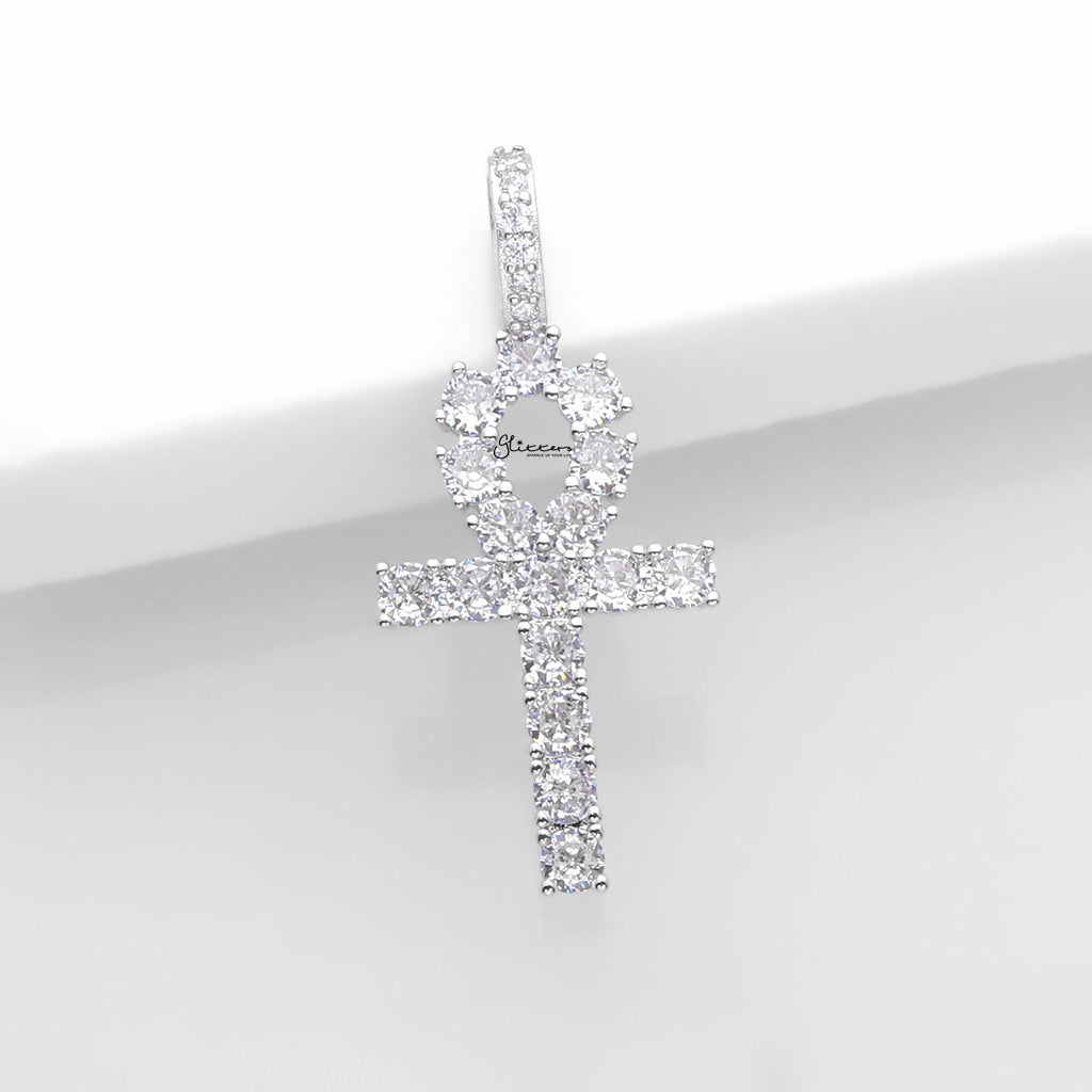 Iced Out Egyptian Ankh Cross Pendant - Silver-Ice Out Pendants-3-Glitters