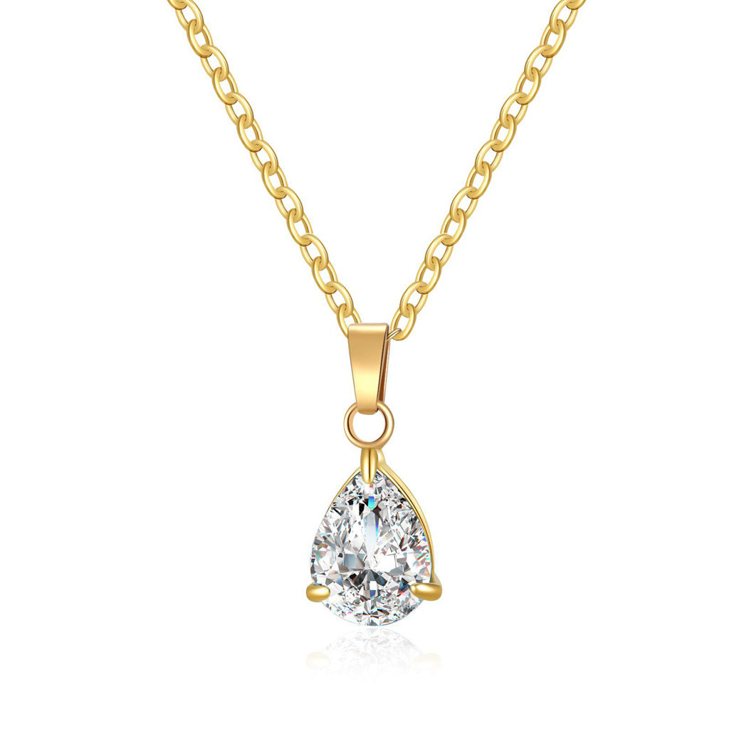 Stainless Steel Pear Cut CZ Teardrop Pendant Necklace - Clear-Necklaces-2-Glitters