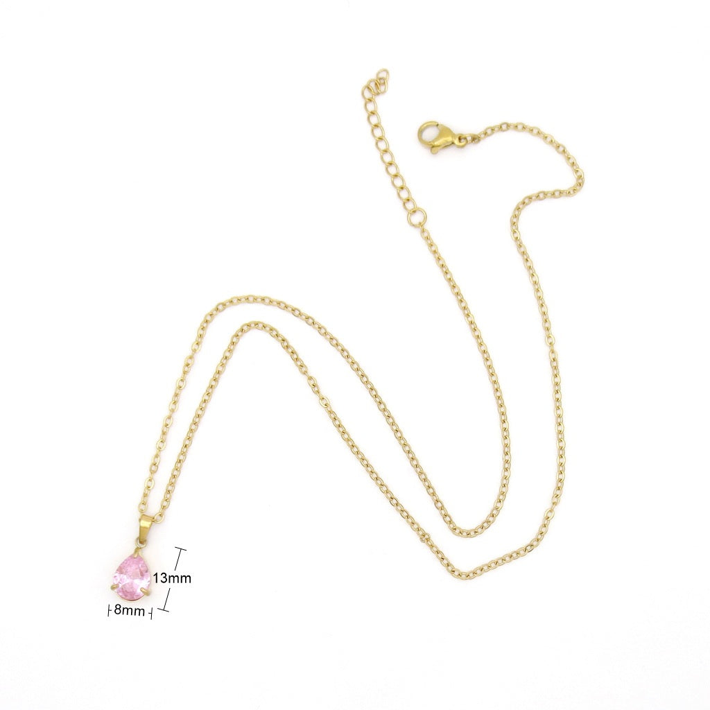 Stainless Steel Pear Cut CZ Teardrop Pendant Necklace - Pink-Necklaces-5-Glitters
