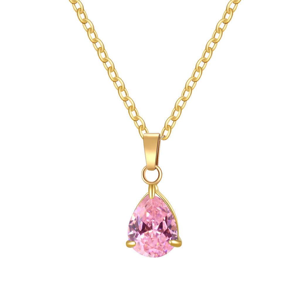 Stainless Steel Pear Cut CZ Teardrop Pendant Necklace - Pink-Necklaces-2-Glitters