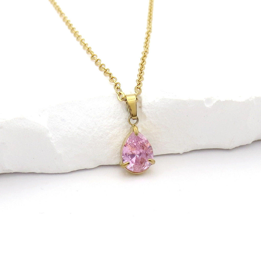 Stainless Steel Pear Cut CZ Teardrop Pendant Necklace - Pink-Necklaces-4-Glitters