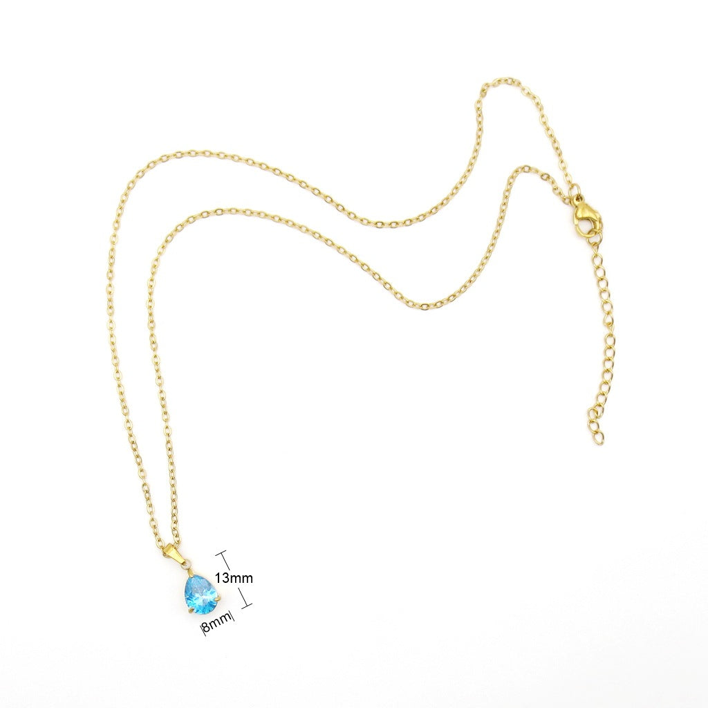Stainless Steel Pear Cut CZ Teardrop Pendant Necklace - Aqua-Necklaces-5-Glitters