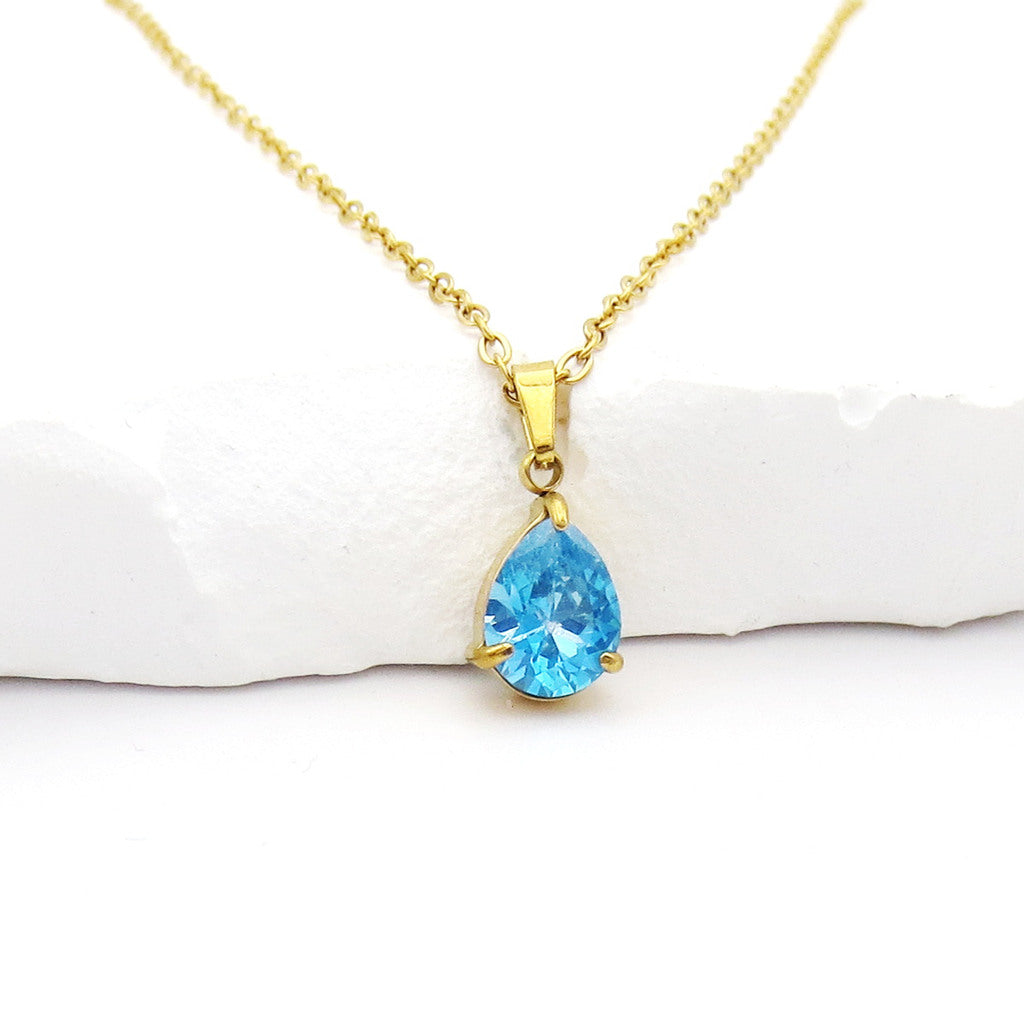 Stainless Steel Pear Cut CZ Teardrop Pendant Necklace - Aqua-Necklaces-4-Glitters